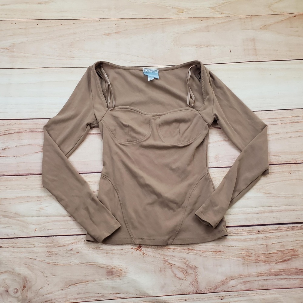 Future Collective Shirt Womens XS Brown‎ Corset Bustier Long Sleeve Stretch Top